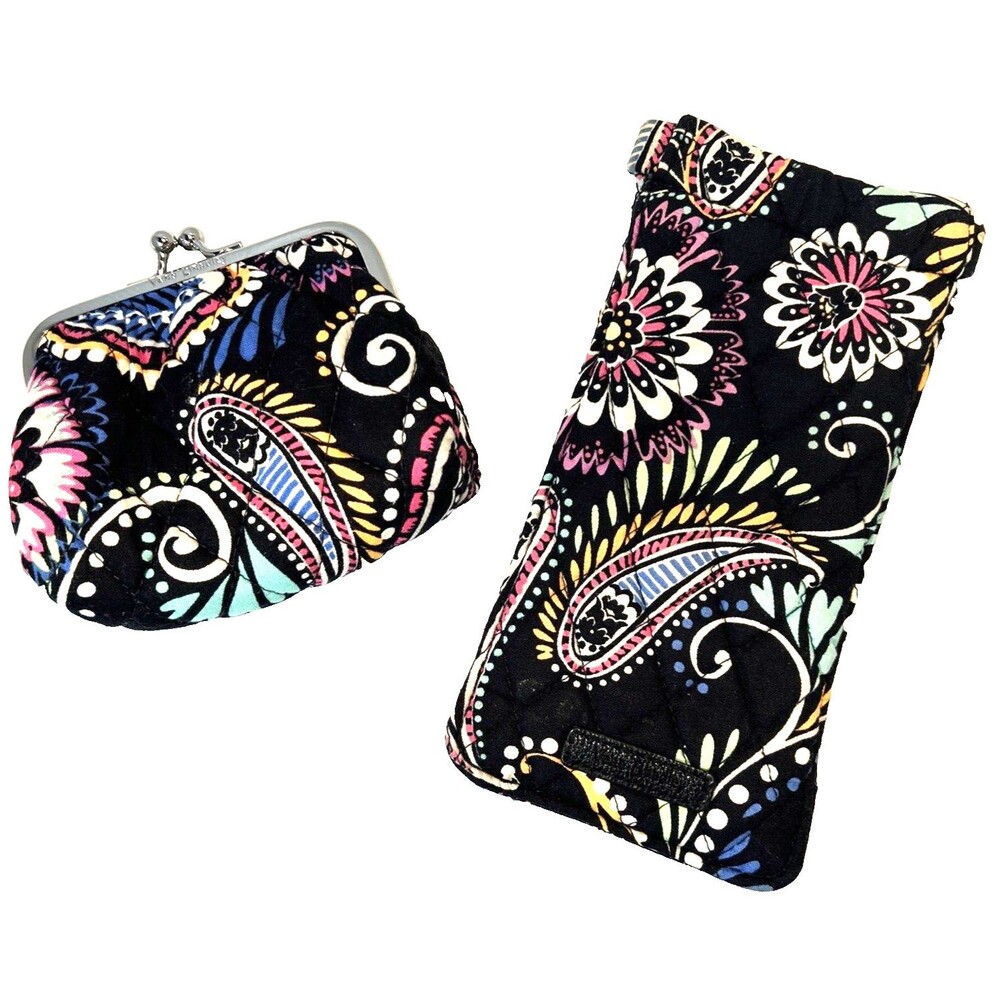 Vera Bradley Cosmetic Glasses Case and Kiss Lock Coin Purse Black Paisley